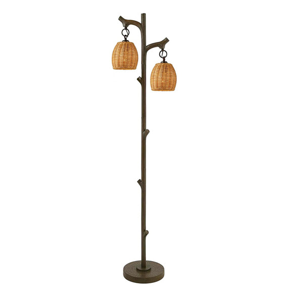 The Unbranded 65 High Tree Trunk Farmhouse Rustic Floor Lamp features a dark bronze finish and two hanging rattan basket lampshades positioned at different heights.